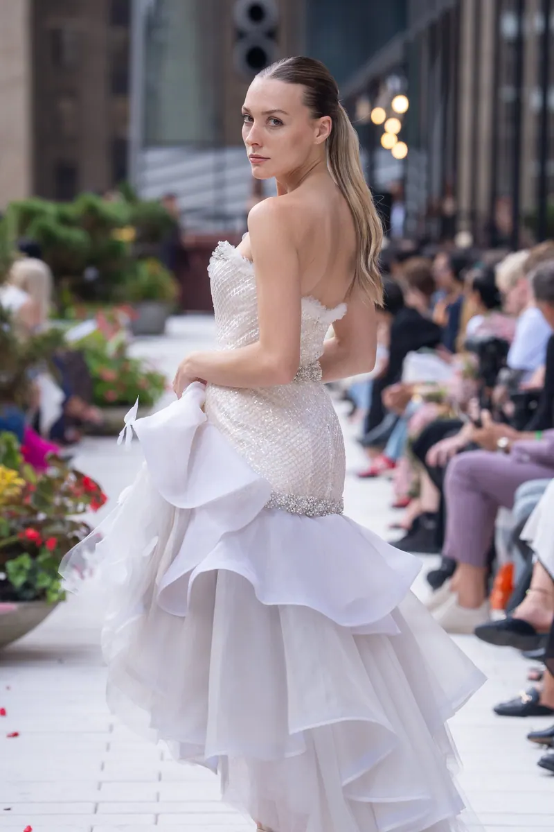 White organza cascade bridal gown at New York Fashion Week