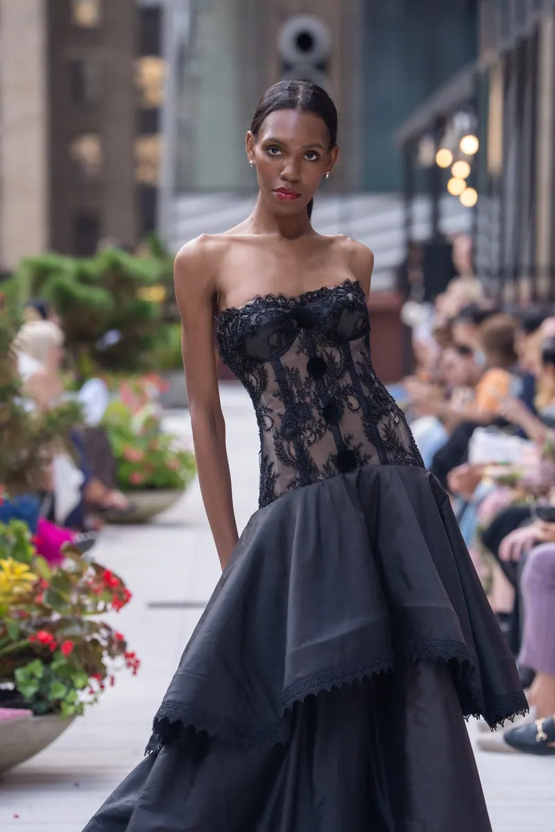 Black Chantilly lace corset, the New York Fashion Week finale gown